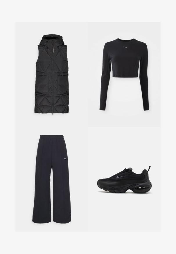 Fekete puffervest kapucnival, elülső cipzárral, gyémánt alakú steppelés mintával és két oldalsó zsebbel. Puha, könnyű anyag.; Fekete, hosszú ujjú, cropped felső sima anyagból, kerek nyakkivágással és fehér Nike logóval a mellkason.; Fekete, bő szárú nadrág rugalmas derékpánttal és egy kis fehér Nike logóval. Anyaga sima tapintású, kényelmes és mindennapi viseletre lett tervezve.; Fekete sportcipő sima, texturált felsőrésszel. Kerek orral, párnázott nyakkal és látható légpárnázással rendelkezik a talpában.