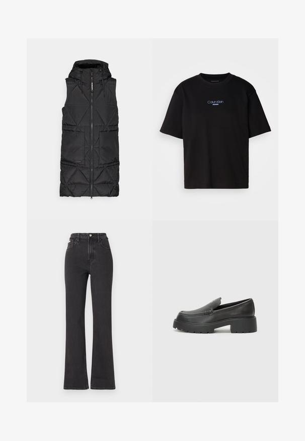 Zwarte puffervest met een capuchon, voorzien van een ritssluiting aan de voorkant, een ruitpatroon en twee zijzakken. Zacht, lichtgewicht materiaal.; Zwart katoenen T-shirt met ronde hals, korte mouwen en blauw geborduurd "Calvin Klein JEANS" logo op de voorkant.; Zwarte hoge taille flared jeans van denim, met een knoopsluiting, riemlussen en zijzakken. Gladde textuur met minimale vervaging.; Zwarte leren instappers met een ronde neus, dikke getextureerde zool en minimale stikseldetails. Strak ontwerp zonder zichtbare veters of hardware.