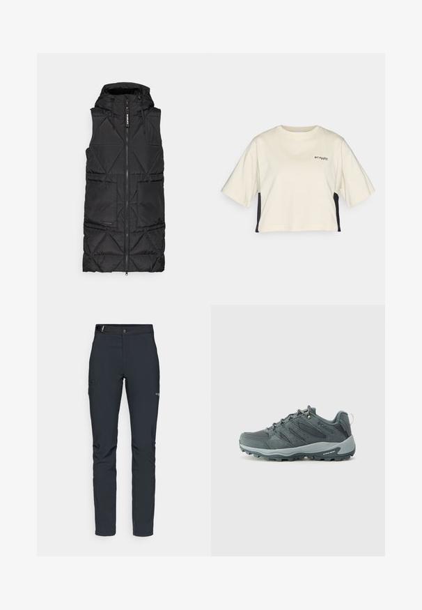 Černý puff vestibul s kapucí, vybavený předním zipem, vzorem v diamantovém prošívání a dvěma bočními kapsami. Měkký, lehký materiál.; Krémové zkrácené tričko s kulatým výstřihem, krátkými rukávy a černými bočními panely; má malé černé logo na hrudi.; Pánské outdoorové kalhoty, tmavě šedé, vyrobené z flexibilního materiálu, s pásem, zipovými kapsami a vyztuženým švem.; Tmavě šedé trekingové boty s vrchním dílem z prodyšného materiálu a semiše, šněrovací design, polstrovaná podrážka a robustní podrážka s protiskluzovým vzorem.