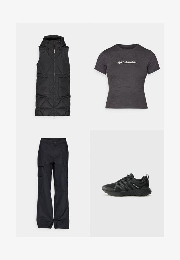 Schwarze Daunenweste mit Kapuze, ausgestattet mit einem Frontreißverschluss, einem diamantgequilten Muster und zwei seitlichen Taschen. Weiches, leichtes Material.; Dunkelgraues Kurzarm-T-Shirt aus strukturierter Baumwolle mit rundem Halsausschnitt, versehen mit einem weißen Columbia-Logo auf der Brust.; Columbia BREA FALLS™ COTTON RIPSTOP PANT - Outdoor-Hose - black; Columbia PEAKFREAK - Hikingschuh - black