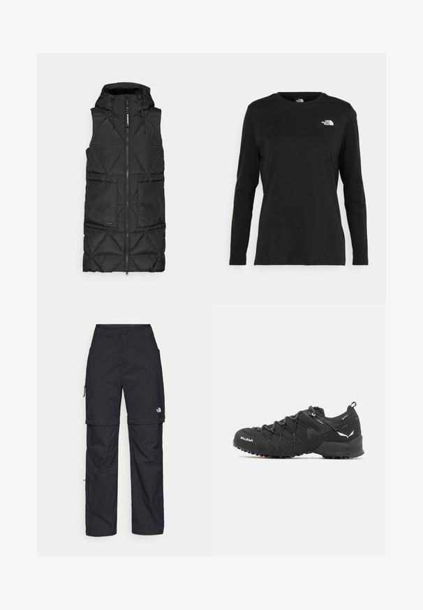 Fekete puffervest kapucnival, elülső cipzárral, gyémánt alakú steppelés mintával és két oldalsó zsebbel. Puha, könnyű anyag.; Fekete, hosszú ujjú póló pamutból, kerek nyakkal. A bal mellrészen egy kis fehér logó található. Egyszerű dizájn és szabás.; Fekete nylon zipzáras cargo nadrág állítható mandzsettával, több zsebbel és logóval a jobb lábon. Simább, könnyű textúra.; Fekete túracipők texturált szövet felső résszel, fűzési rendszerrel és strapabíró gumitalppal. Reflektáló részletekkel és logókkal díszítve.