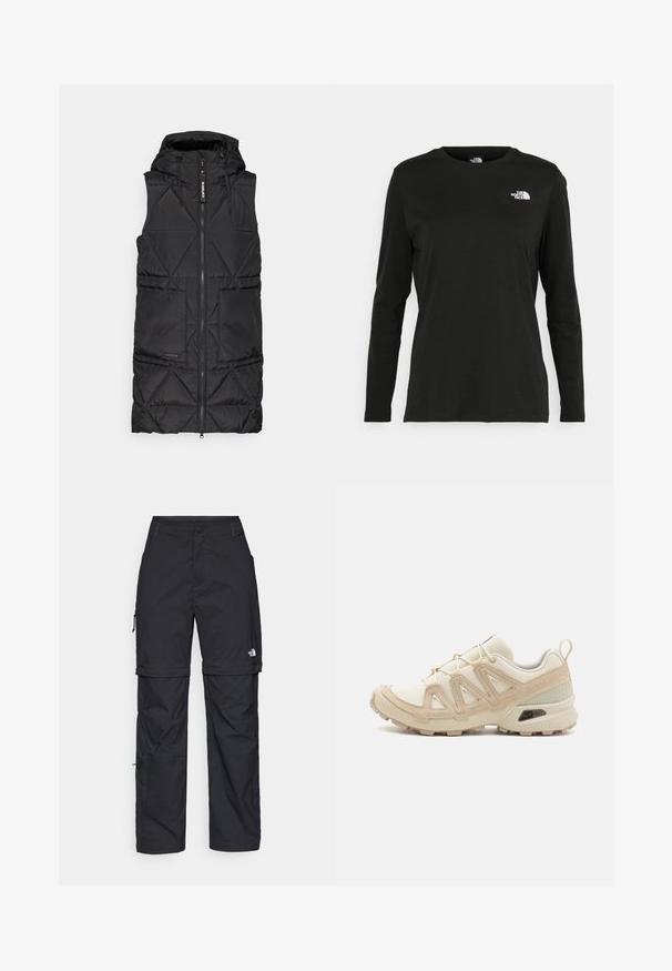 Gilet imbottito nero con cappuccio, dotato di una zip frontale, motivo a rombi e due tasche laterali. Materiale morbido e leggero.; T-shirt nera a maniche lunghe in cotone con colletto rotondo. Presenta un piccolo logo bianco sul lato sinistro del petto. Design semplice e vestibilità comoda.; Pantaloni cargo in nylon nero con zip rimovibile, polsini regolabili, molteplici tasche e un logo sulla gamba destra. Tessuto liscio e leggero.; Scarpa atletica beige e crema con tomaia in mesh testurizzato, sovrapposizioni supportive e suola in gomma con un motivo a tasselli per la trazione.