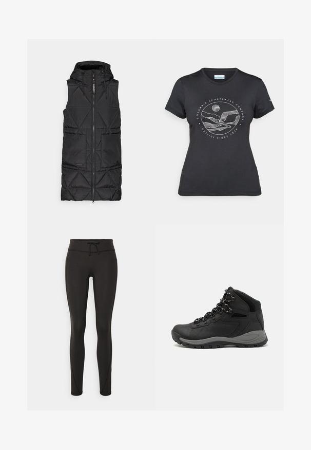 Svart pufferväst med huva, med dragkedja framtill, diamantquiltad mönster och två sidofickor. Mjuk, lätt material.; Svart Columbia-t-shirt med vit cirkulär linjekonst av berg och flod samt texten "Columbia Sportswear Company Outside Since 1938."; Svarta leggings med hög midja, snörning, slät textur och figurnära design. Har sömnadsdetaljer längs sidorna.; Svart vandringskänga med mellanhög design, som har en texturerad överdel, grå accenter och en slitstark gummisula med greppklackar.