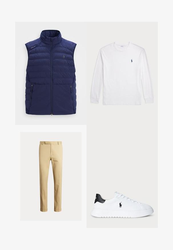 Colete sem mangas em azul-marinho, acolchoado, com gola alta, fecho frontal em zíper, bolsos laterais com zíper e logótipo bordado no peito.; Camisola de manga longa branca feita de algodão. Apresenta um decote redondo, punhos canelados e um pequeno logótipo de polo azul-marinho no lado esquerdo do peito.; Chinos caqui feitos de um tecido de algodão suave, com um design ajustado, pregas frontais e punhos no tornozelo para um visual afinado.; Sapatilhas brancas de cano baixo com tabuleiro de calcanhar preto e logótipo da Polo Ralph Lauren em preto na lateral, apresentando atacadores brancos e sola de borracha grossa.