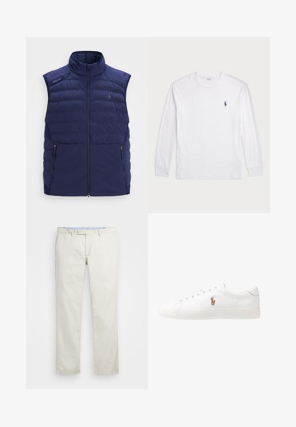 Colete sem mangas em azul-marinho, acolchoado, com gola alta, fecho frontal em zíper, bolsos laterais com zíper e logótipo bordado no peito.; Camisola de manga longa branca feita de algodão. Apresenta um decote redondo, punhos canelados e um pequeno logótipo de polo azul-marinho no lado esquerdo do peito.; Chinos de algodão bege com frente plana, passantes para cinto e bolsos laterais. Design de perna reta com uma textura suave e uma sensação leve e respirável.; Sapatilhas de couro brancas, design de cano baixo, com textura suave, biqueira redonda, atacadores à frente e um pequeno logótipo bordado na lateral.