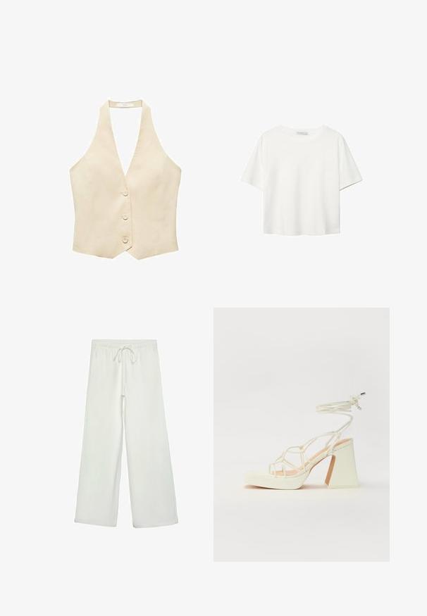 Mango Liivi - beige; Valkoinen lyhythihainen T-paita, joka on tehty puuvillasta. Siinä on pyöreä kaula-aukko ja rento malli. Silkkinen pinta ilman näkyviä kuvioita tai koristeita.; Valkoiset leveälahkeiset housut pehmeästä kankaasta. Varustettu joustavalla vyötäröllä ja nyörillä sekä sileällä pinnalla. Ei näkyviä kuvioita tai tarvikkeita.; Valkoinen korkokenkä, jossa on paksu korko, ja joka sisältää nauhakiinnityksen ja nilkkaketjun. Sujuva pinta, jossa on platform-etupohja lisäkorkeutta varten.