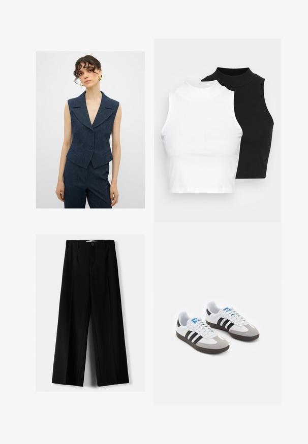 Bezrękawnik z granatowego denimu z dużym kołnierzem typu szal, zapięciem na jeden guzik i dwiema przednimi kieszeniami. Teksturowany materiał o dopasowanym kroju.; Dwa bezrękawnikowe golfy w kolorze czarnym i białym, charakteryzujące się dopasowanym fasonem i gładką teksturą, o skróconej długości.; Czarne spodnie szerokie, wykonane z lekkiego materiału, z zapięciem na guzik z przodu i gładkim przodem, z starannie wykończonymi brzegami.; Buty sportowe z białą skórzaną cholewką, szarym zamszowym noskiem i trzema czarnymi paskami. Posiadają niebieskie logo na języku oraz teksturowaną gumową podeszwę.