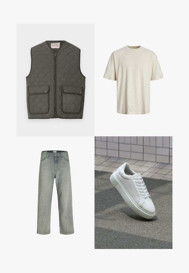 Quilted dark green vest with a stand collar, front zipper, and two buttoned flap pockets. Accented with a subtle Hunter logo on the chest.; Crewneck cotton t-shirt in off-white, featuring short sleeves, relaxed fit, and a smooth, lightweight texture.; Light gray, loose-fitting jeans made of denim. Features a classic five-pocket design, belt loops, and a straight leg silhouette.; White leather sneaker with a smooth surface, round toe, and flat white laces. Features a textured rubber sole and minimal design elements.