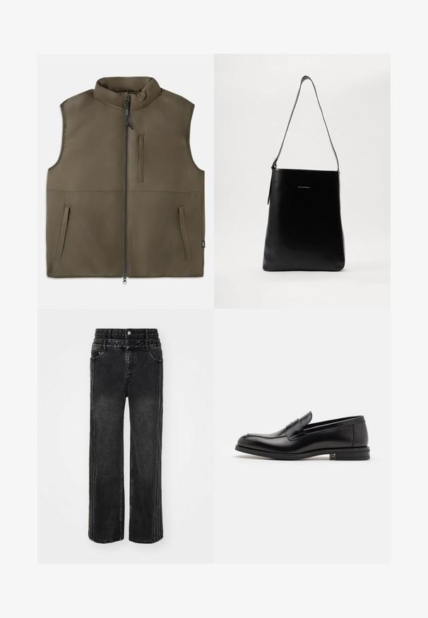 Rjav brezrokavnik s podlogo in sprednjim zadrgo, dvema spodnjima žepoma in enim vertikalnim žepom na prsih, prikazan na ravni beli podlagi.; Rjav pleten pulover z vezenim lisico, ki nosi črtast pulover, modre kavbojke in bele čevlje spredaj.; Široke črne jeans hlače z zbledelim zaključkom, z gumbom za zapiranje, petimi žepi in kontrastnim šivanjem ob straneh.; Črne usnjene loafer čevlje z gladko teksturo, zaobljenim nosom in dekorativnim trakom čez zgornji del. Nizka zložena peta, minimalističen dizajn.; Črna usnjena torba za ramo z gladko teksturo, pravokotno obliko in dolgim pasom; vsebuje majhen bel logotip na sredini.