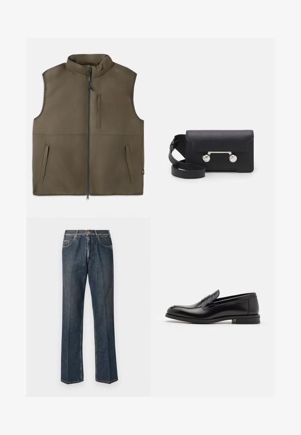 Vesta maro fără mâneci, căptușită, cu fermoar frontal, două buzunare inferioare și un buzunar vertical pe piept, expusă plat pe un fundal alb.; Pulover tricotat de culoare crem, cu guler polo, manșete și tiv cu nervuri, având o clapetă frontală și o textură moale.; Tricou de culoare albastru închis cu mânecă scurtă, cu text alb "neanche per sogno" centrat pe piept, guler rotund, dimensiune medie.; Jeans din denim drept, de culoare albastră închisă, cu nasture frontal, fermoar, două buzunare frontale și cute verticale vizibile pe picioare.; Mocasini din piele neagră cu o textură netedă, vârf rotund și o curea decorativă peste partea superioară. Toc mic, design minimalist.; Geantă din piele neagră, tip crossbody, cu închidere prin clapetă, accesorii din metal de culoare argintie și două accente rotunde. Dispune de o curea detașabilă. Textură netedă.