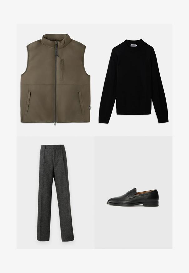 Sleeveless brown padded vest with front zipper, two lower pockets, and one vertical chest pocket, displayed flat on a white background.; Black sweater with a ribbed crew neckline, long sleeves, and a textured knit pattern. No visible logos or embellishments.; Gray tailored trousers made of textured fabric, featuring two front pleats and a straight-leg design. No visible pockets or embellishments.; Black leather loafer with a rounded toe, subtle stitched detailing, and a low heel, featuring a smooth texture and minimalist design.