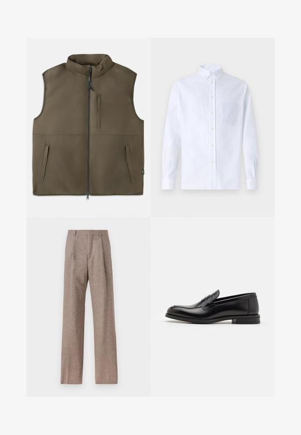 Sleeveless brown padded vest with front zipper, two lower pockets, and one vertical chest pocket, displayed flat on a white background.; White long-sleeve button-up shirt made of cotton, featuring a chest pocket with tonal embroidery, a collar, and button cuffs.; Brown, high-waisted trousers made of textured fabric. Features wide legs and two front pleats for structure. Neat finish with no visible hardware.; Black leather loafers with a smooth texture, rounded toe, and a decorative strap across the vamp. Low stacked heel, minimalist design.