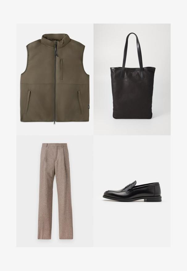 Ärmellose braune gepolsterte Weste mit Frontreißverschluss, zwei unteren Taschen und einer vertikalen Brusttasche, flach auf einem weißen Hintergrund dargestellt.; Weißes Langarm-Hemd mit Knöpfen aus Baumwolle, ausgestattet mit einer Brusttasche mit tonalem Stickerei, einem Kragen und Knopfmanschetten.; Braune, hochtaillierte Hose aus strukturiertem Stoff. Mit weitem Bein und zwei vorderen Bügelfalten für zusätzliche Form. Saubere Verarbeitung ohne sichtbare Hardware.; Schwarze Lederloafers mit glatter Textur, rundem Zehenbereich und einem dekorativen Riemen über dem Vorderfuß. Niedriger, gestapelter Absatz, minimalistisches Design.; Schwarze Stofftote mit schwarzen Ledergriffen. Einfaches Design, geräumiger Körper und glatte Textur. Keine sichtbaren Logos oder Muster.