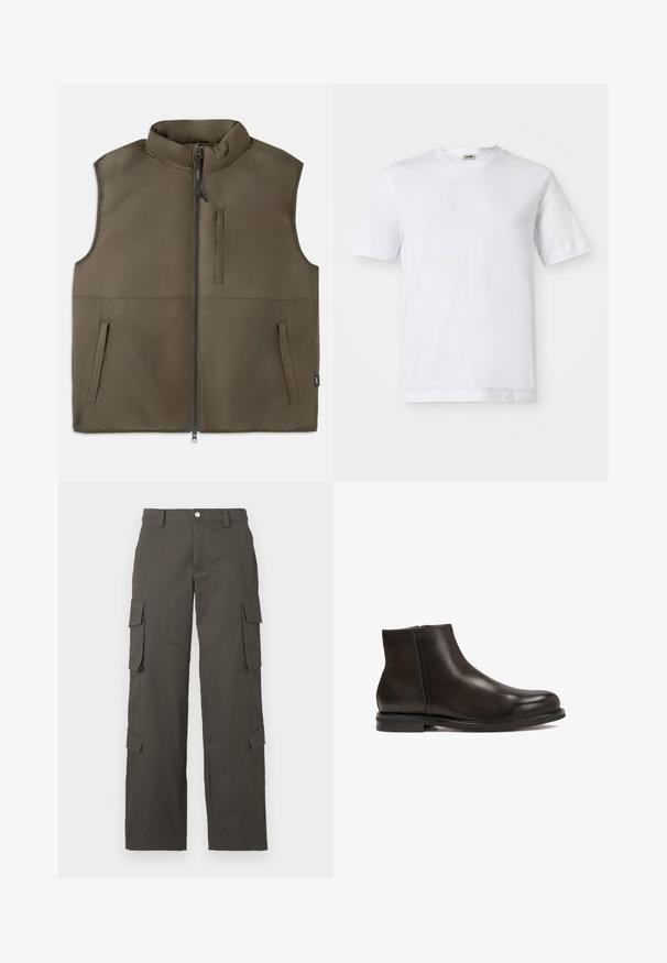 Hnědá bezrukávová vycpaná vesta s předním zipem, dvěma dolními kapsami a jednou vertikální kapsou na hrudi, umístěná na bílem pozadí.; Bílá bavlněná tričko s krátkým rukávem, kulatým výstřihem a hladkou texturou. Žádné vzory ani akcenty nejsou viditelné.; Tmavě šedé cargo kalhoty rovného střihu s zapínáním na knoflík a čtyřmi klopovými kapsami, dvě na stehnech a dvě poblíž lýtek.; Černá kožená kotníková bota s hladkým povrchem, zaoblenou špičkou a nízkým podpatkem. Obsahuje boční zip pro snadné obouvání.