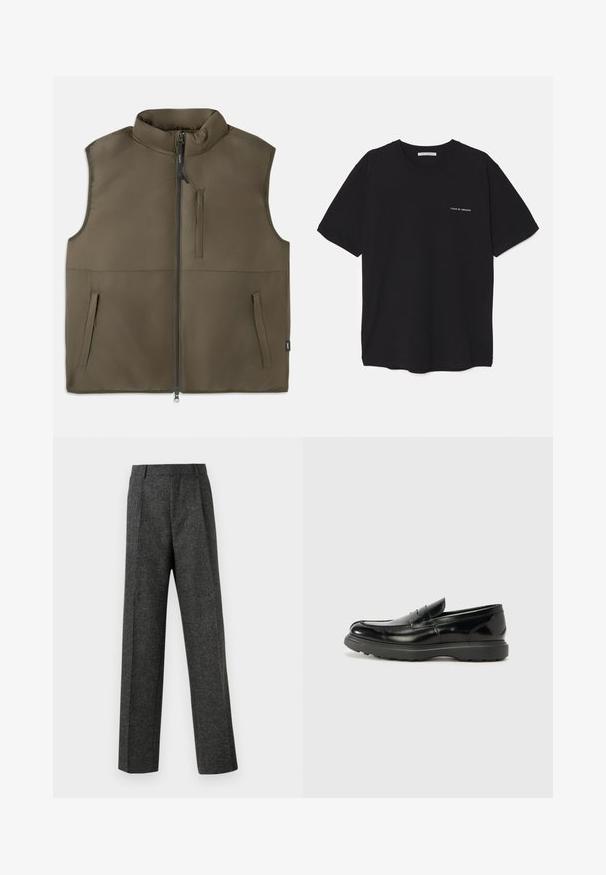 Mouwloos bruin gewatteerd vest met rits aan de voorkant, twee lagere zakken en één verticale borstzak, plat getoond op een witte achtergrond.; Zwarte katoenen T-shirt met een ronde hals, korte mouwen en een witte logo-print op de linkerkant van de borst. Eenvoudig, effen kleur ontwerp.; Grijze op maat gemaakte broek van gestructureerde stof, met twee voorplooien en een rechte pijp. Geen zichtbare zakken of versieringen.; Zwarte leren instapper met een glanzende afwerking, een ronde neus, subtiele stiksels en een dikke rubberen zool voor duurzaamheid.