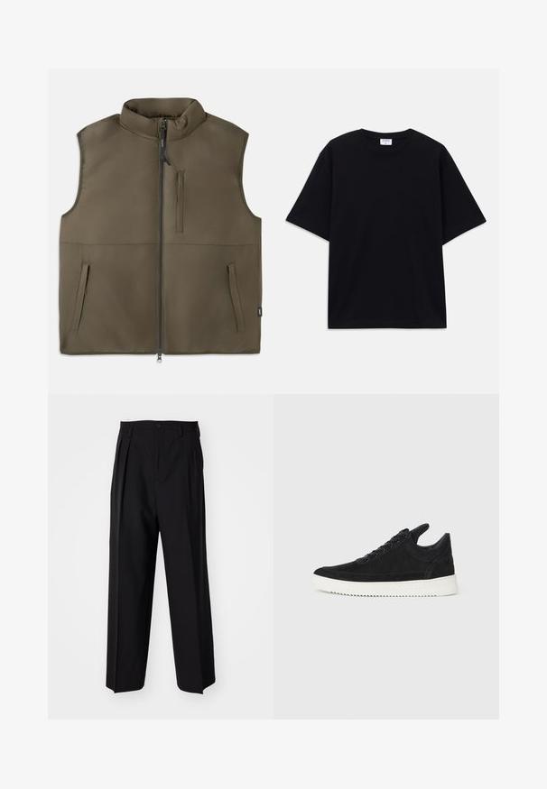 Sleeveless brown padded vest with front zipper, two lower pockets, and one vertical chest pocket, displayed flat on a white background.; Black short-sleeve oversized T-shirt with round neckline and visible Filippa K brand label inside the collar.; Black pleated trousers with a straight, wide-leg design. Made from smooth fabric, featuring a button closure and belt loops.; Black suede sneaker with a white rubber sole, featuring tonal stitching and lace-up design. Smooth texture with a modern, streamlined shape.