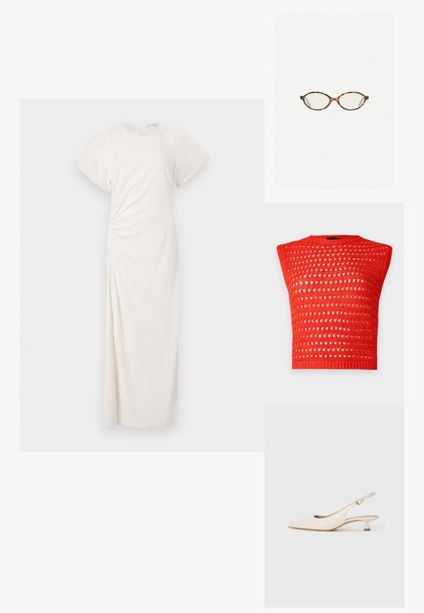 Rød strikket ærmeløs top med et tekstureret, åbent vævdesign, rund halsudskæring og en tætsiddende ribkant.; Hvid kjole med korte ærmer, rund halsudskæring og ruching-detalje i siden; glat stof med en gulvlængde silhuet.; Cremefarvet spids snude slingback sko med lav kitten hæl og guldspænde på plain hvid baggrund.; Skildpaddebriller med ovale linser og en elegant, glat finish. Har tynde sider med en subtil kurve ved tindingerne. Klare linser.