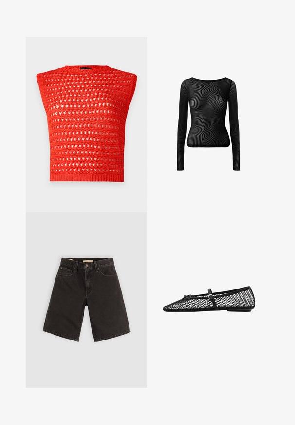 Punainen neuletta ilman hihoja, jossa on teksturoitu, avoin kudontamalli, pyöreä pääntie ja tiukka ribbineulehelma.; Musta pitkähihainen paita, joka on valmistettu läpikuultavasta materiaalista ja jossa on aaltoileva kuvio. Siinä on pyöreä pääntie ja tiukka siluetti.; Mustat farkkushortsit, joissa on suora leikkaus, viisi taskua ja metalliosia, teksturoitu kangas ja tavanomainen vyötärö.; Musta verkkokuvioinen ballerinatyyppinen kenkä, jossa on kärjeltään terävä muoto ja koristelstrap, sekä huomaamaton yksityiskohta. Kenkässä on avoin verkkotyyli ja litteä pohja.