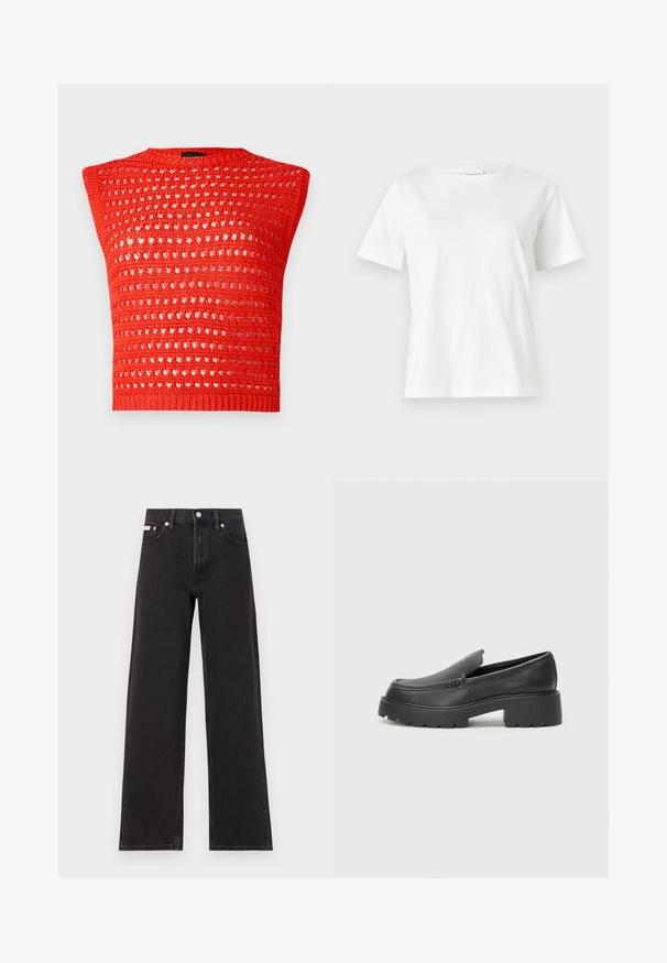Rød strikket ærmeløs top med et tekstureret, åbent vævdesign, rund halsudskæring og en tætsiddende ribkant.; Hvid bomulds t-shirt med korte ærmer, rund halsudskæring og en afslappet pasform. Glat tekstur, ingen mønstre eller accenter, minimalistisk design.; Sorte vidde jeans lavet af denim, med høj talje, fem-lomme stil og en metalknap lukning med kontrasterende syninger.; Sorte læder loafers med rund tå, tyk tekstureret sål og minimale syninger. Elegant design uden synlige snørebånd eller hardware.