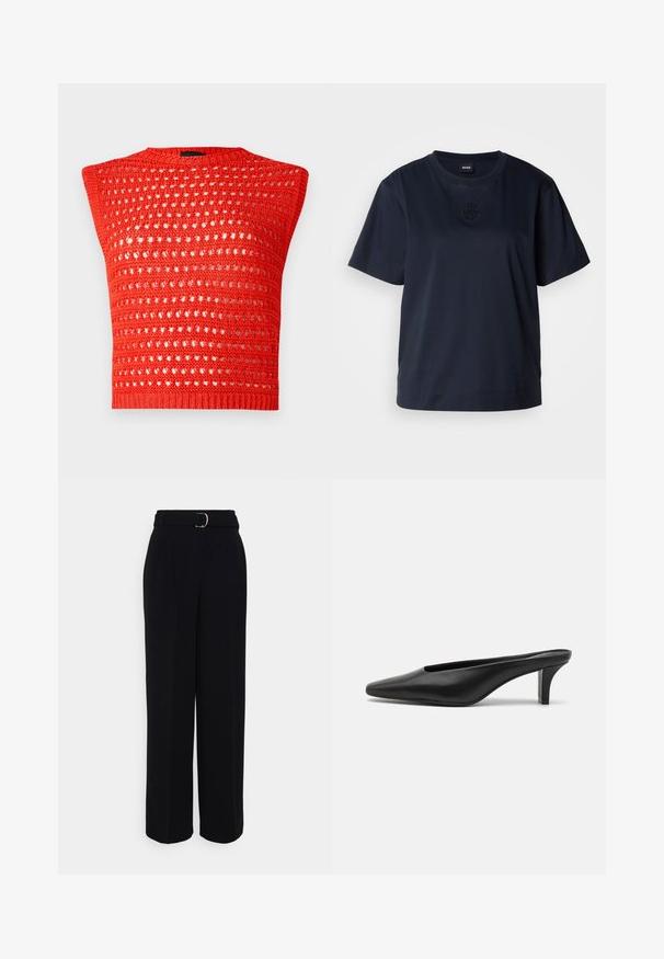 Piros kötött ujjatlan felső, texturált, nyitott szövésű dizájnnal, kerek nyakkivágással és szoros bordás aljjal.; Sötétkék, rövid ujjú póló, puha pamutból készült. Kerek nyakkivágással és egy diszkrét hímzett logóval rendelkezik a mellrészen.; Fekete, testre szabott nadrág, széles szárű sziluettel, ezüst csattal ellátott övvel, pliszékkel és sima textúrával.; Fekete bőr, hegyes orrú mokaszin, alacsony stiletto sarokkal. Simább textúra, minimalista kialakítás, és nyitott hátul a könnyű felvétel érdekében.