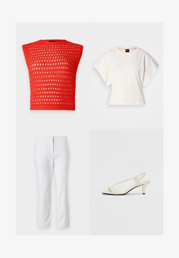 Top senza maniche lavorato a maglia rossa con un design a trama aperta testurizzata, scollo rotondo e un orlo a costine aderente.; T-shirt bianca cropped, maniche corte e larghe, tessuto di cotone morbido, scollatura rotonda con bordino arancione sottile, design minimale, senza motivi o grafiche.; Pantaloni bianchi in cotone con design a gamba dritta, caratterizzati da una vita a media altezza e senza hardware o motivi visibili. Tessuto liscio su tutta la superficie.; Sandali con tacco a blocco beige, con sottili cinturini e punta quadrata. Materiale liscio con dettagli minimi, progettati per un facile utilizzo.