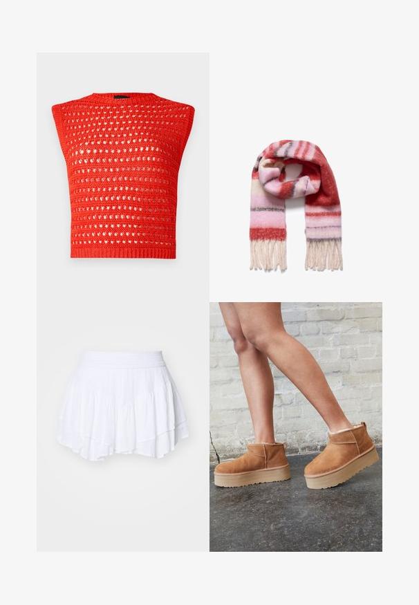 Rød strikket ærmeløs top med et tekstureret, åbent vævdesign, rund halsudskæring og en tætsiddende ribkant.; Hvid kortærmet t-shirt lavet af bomuld. Har en rund halsudskæring og en afslappet pasform. Glat tekstur uden synlige mønstre eller detaljer.; Hollister Co. TIERED FEMME - Pliceret nederdel /Nederdele med folder - bright white; Brune ruskinds ankelsko med en blød foring, tyk beige plattformsål og en bageste løkke. Tekstureret overflade med synlige sømdetaljer.; Stribet tørklæde i blød, struktureret uld; har røde, pink og hvide striber med lette frynser i enderne.