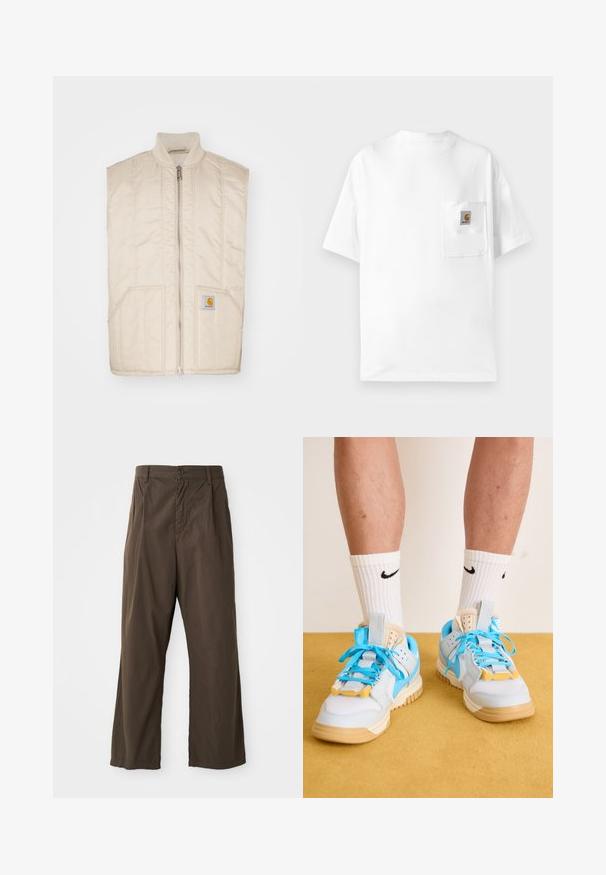 Helebeegelise varrukateta vest, millel on esiküljel lukkk, külje taskud ja tikanditega tekstuur. Vasakul taskul on väike ruudukujuline logo.; Valge puuvillane T-särk ümmarguse kaelusega, lühikeste varrukatega ja rinna taskuga, millel on logotootja patch. Minimalistlik disain ja sujuv tekstuur.; Pruunid, laial jalal oleva puuvillased püksid, millel on eesnuppude sulgemine, vöökohad ja sile, mati tekstuur.; Heledad sinised spordijalatsid, millel on pruuni värvi tallad, silmapaistvad türksiisid nöörid ja kollased aktsendid. Tekstureeritud materjalid ja nähtav õhukaitse.
