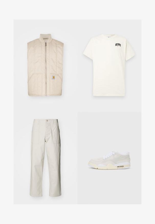 Vaalean beige ilman hihoja oleva liivi, jossa on edessä vetoketju, sivutaskut ja tikattu pinta. Vasemmassa taskussa on pieni neliölogo.; Kermanvärinen puuvillapaita lyhyillä hihoilla, jossa rintakehässä on musta- ja punateksti "NIKE SB". Standardi pyöreä kaula-aukko.; Harmaat vaaleat leveät housut, jotka on valmistettu puuvillasta. Varustettu etutaskuilla ja nappikiinnityksellä. Sujuva rakenne, jossa on hienovaraisia pystysuoria viivoja.; Tennarit, joissa on vaaleanbeige synteettinen päällinen, valkoiset nauhat ja näkyvä vaimennus. Ominaisuuksiin kuuluu sileä pohja ja huomaamattomat sivukiinnikkeet.