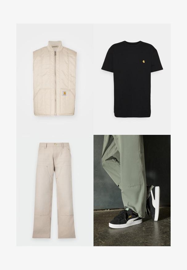 Svijetlosmeđi prsluk bez rukava s prednjim zatvaračem, bočnim džepovima i kviltanom teksturom. Ima mali kvadratni logo na lijevom džepu.; Crna pamučna majica s kratkim rukavima, okruglim izrezom i malim žutim logotipom na lijevoj strani prsa. Jednostavan dizajn i običan kroj.; Bež pamuk hlače ravnog kroja, s dva prednja džepa i dva zip zatvarača. Istaknuti zlatni detalji.; Crne nubuk tenisice s bijelim gumennim potplatima i bočnim trakama, uparene s svijetlozelenim cargo hlačama, stoje na teksturiranoj tamnoj površini.
