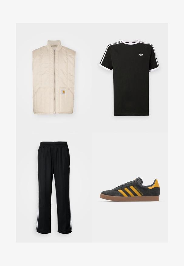 Jasnobeżowa bezrękawnik z zamkiem błyskawicznym z przodu, bocznymi kieszeniami i pikowanym wzorem. Posiada małe kwadratowe logo na lewej kieszeni.; Czarny t-shirt wykonany z bawełny z białymi akcentami. Posiada krótkie rękawy, fason raglanowy oraz małe logo na klatce piersiowej. Trzy białe paski na ramionach.; Czarne sportowe spodnie z elastycznym paskiem w talii, z białymi paskami po bokach i małym logo. Materiał wydaje się miękki i lekki.; Czarne zamszowe sneakersy z żółtymi akcentami, z trzema paskami i brązową gumową podeszwą. Posiadają wyściełany język dla większego komfortu.