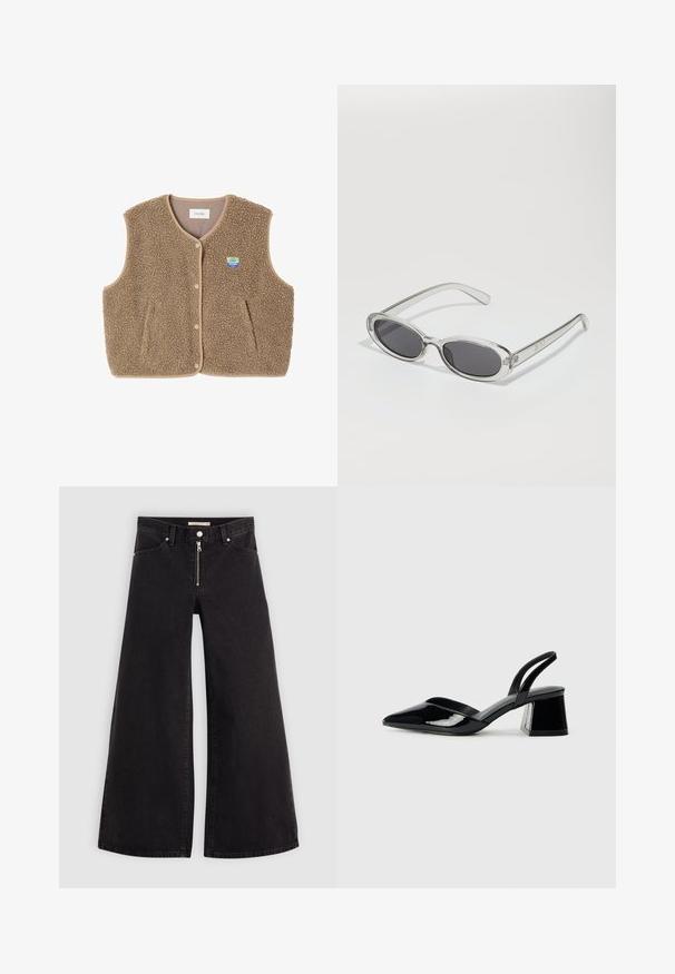 Brūns flīsa žakets ar mīkstu tekstūru, noapaļotu kakla izgriezumu, priekšējo spiedpogu aizdari un sānu kabatām; tam ir maza logo uzšuve.; Pelēks vilnas džemperis ar ribotu apakšmalu, pārspīlētu apkakli un trim lielām pogām priekšpusē. Mīksta tekstūra. Ikdienišķs, brīvs piegriezums.; Platas kājas džinsi melnā džinsa audumā ar rāvējslēdzēju priekšā, piecu kabatu dizains un smalkas šuvju detaļas. Gluda tekstūra un ikdienišķs stils.; Melna lakota āda ar atvērto papēdi, ar smailu purngalu un ģeometrisku blokpapēdi. Iezīmējas elegants, minimāls dizains un gluda tekstūra.; Saulesbrilles ar ovālu formu, caurspīdīgu plastmasas rāmi, tumši pelēkiem stikliem un plāniem caurspīdīgiem kātiem, kas satur logotipa akcentus un minimālu noformējumu.