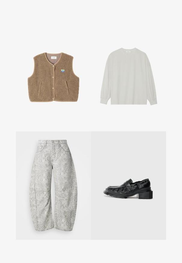 Brūns flīsa žakets ar mīkstu tekstūru, noapaļotu kakla izgriezumu, priekšējo spiedpogu aizdari un sānu kabatām; tam ir maza logo uzšuve.; Gaišpelēka garām piedurknēm t-krekls, kas izgatavots no mīkstas kokvilnas. Iezīmē vaļīgu piegriezumu, apaļu kakla izgriezumu un viegli saplacinātas piedurknes. Nav rakstu vai grafikas.; Čūsku raksta platai kājas džinsi gaiši pelēkā un krēmkrāsā. Denim materiāls, piecu kabatu dizains ar redzamām vīlēm un pogu aizdari.; Melnas ādas loafers ar strukturētu zoli, kurai ir nedaudz pacelts bloku papēdis un teksturēts virspusē, nodrošināts ar priekšējo siksniņu.