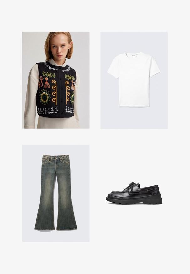 Čierna vyšívaná vesta s živými kvetinovými a špirálovými motívmi v oranžovej, zelenej a bielej farbe. Predné zapínanie na gombíky s štruktúrovaným strihom.; Biele krátke tričko s krátkym rukávom z bavlny, s okrúhlym výstrihom a rovnými lemami. Minimalistický dizajn bez viditeľných vzorov alebo akcentov.; Rozšírené denimové džínsy v bledomodrej farbe s klasickým dizajnom piatich vreciek, s jemnou textúrou a viditeľnými švovými akcentmi.; Čierne kožené loďky s okrúhlym špičkou, šnurovací dizajn, prešívané akcenty a hrubá gumová podošva s textúrovaným vzorom pre lepšiu priľnavosť.