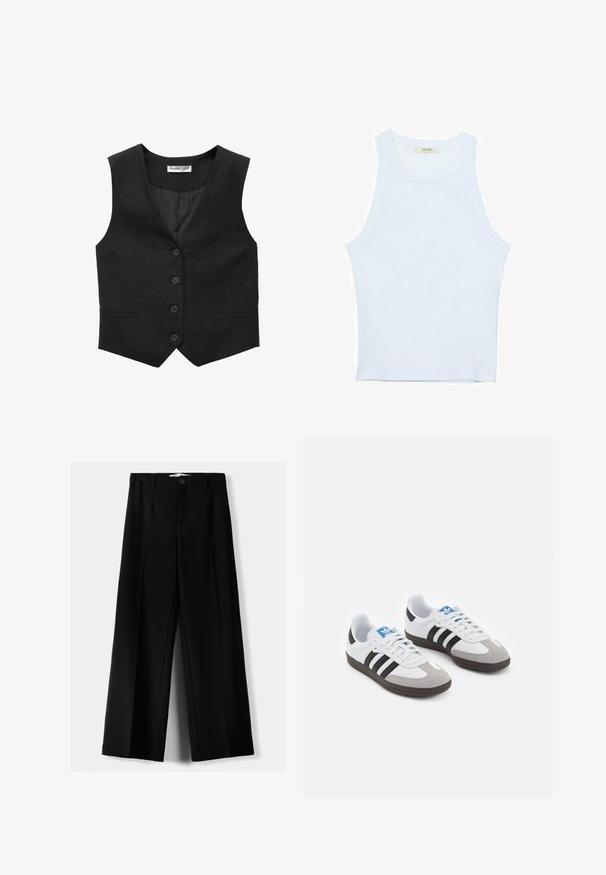 Černá lněná vesta s výstřihem do V, se zapínáním na pět knoflíků a dvěma bočními kapsami. Interiér je podšitý hladkým materiálem.; Bílý top bez rukávů, žebrovaná textura, kulatý výstřih, obtáhnutý střih, decentní značka na štítku uvnitř oblasti límce.; Černé široké kalhoty z lehkého materiálu s předním zapínáním na knoflík a hladkým předním dílem, s pečlivě přišitými lemy.; Sportovní boty s bílým koženým svrškem, šedou semišovou špičkou a třemi černými pruhy. Obsahují modré logo na jazyku a texturovanou gumovou podrážku.