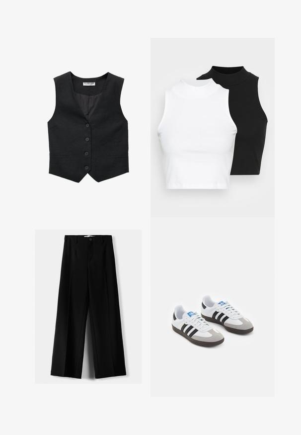 Svart linväst med v-ringning, stängning med fem knappar och två sidofickor. Insidan är fodrad med ett mjukt material.; Två ärmlösa ribbade polotröjor i svart och vitt, med en figursydd design och slät textur, i en kortad längd.; Svarta vida byxor i lätt material, med knappstängning fram och platt front, samt väl sydda fållar.; Sportskor med överdel i vit läder, grå mocka på tårna och tre svarta ränder. Har en blå logotyp på tungan och en texturerad gummisula.