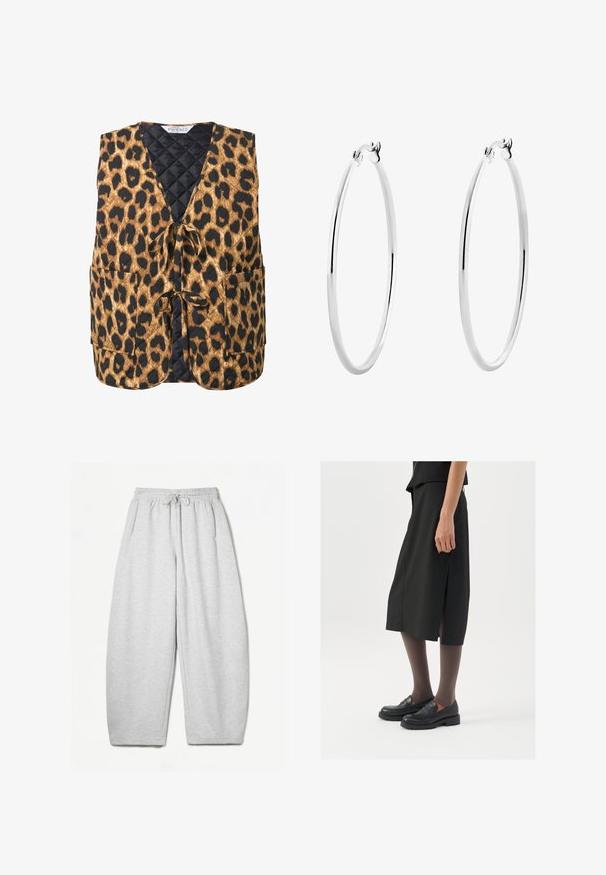 Gevoerde luipaardprint vest in bruin en zwart, met een v-hals, striksluiting en twee zijzakken. Gehaakt stof met geometrisch patroon.; Grijze cropped hoodie van zacht materiaal. Heeft een verstelbare trekkoordcapuchon, brede mouwen en een klein logo op de voorkant.; Lichtgrijze sweatpants met een ontspannen pasvorm, elastische tailleband, trekkoord en zijzakken; gemaakt van zachte, gestructureerde stof.; Zwarte knielange rok met zijsplit, gecombineerd met zwarte loafers en doorzichtige bruine panty's, met een mooie stof en een eenvoudig ontwerp.; Zilveren oorringen met een gladde, gepolijste oppervlakte en een dunne, ronde vorm. Het ontwerp heeft een veilige sluiting.