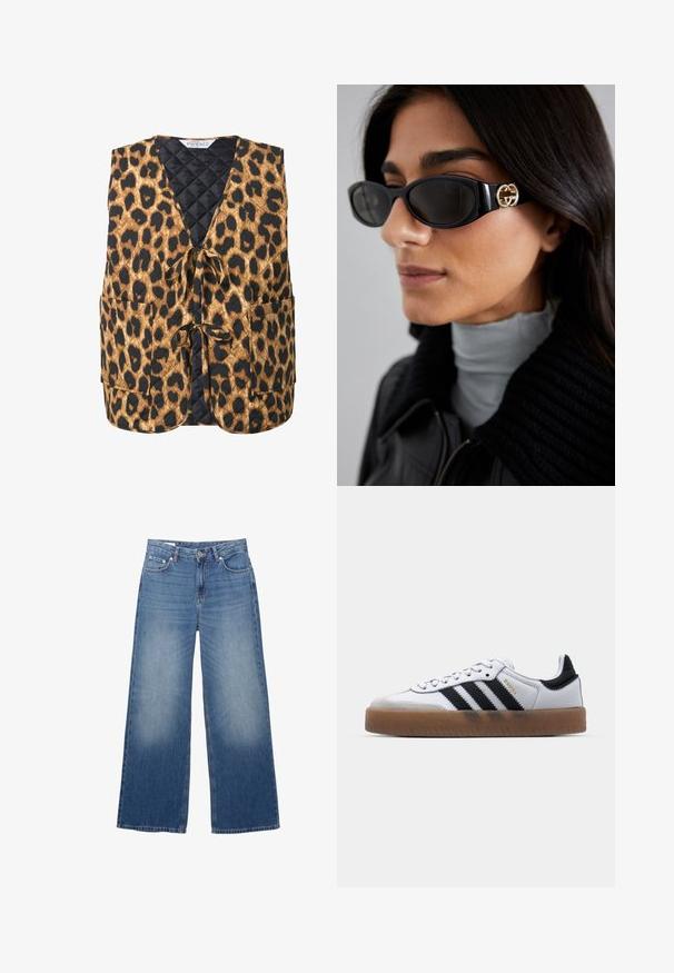 Vuorattu leopardikuvioinen liivi ruskeassa ja mustassa, jossa on V-pääntie, sidontanauha ja kaksi sivutaskua. Huokoinen kangas geometrisella kuviolla.; Denim-paita, tummansininen väri, klassinen kaulus, pitkät hihat, nappikiinnitys, korostettuna ruskealla nahkavyöllä vyötäröllä.; Valkoiset, vaaleansiniset farkut, joissa on leveät lahkeet ja haalistunut ilme. Viisi taskua ja nappikiinnitys vyötäröllä. Puuvillamateriaali, suora leikkaus.; Valkoiset nahkakengät, joissa on mustat raidat, kumipohja, pyöreä varvas, nauhakiinnitys ja pehmeä harmaa mokkanahkakärki.; Mustat aurinkolasit, joissa on tyylikäs suorakulmainen kehys ja kultainen logo-akkentti sivussa. Tumma linssit ja kiiltävä pinta ovat huomattavissa.