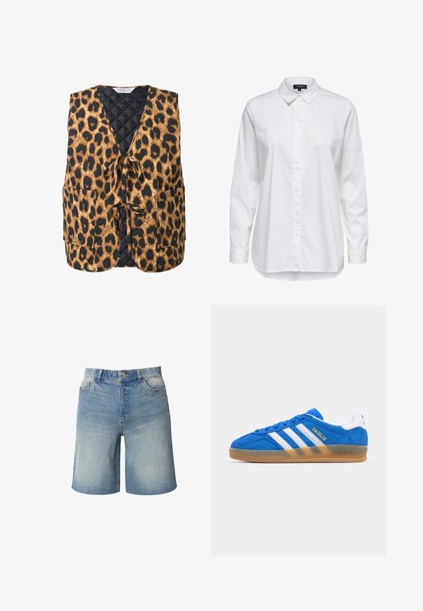 Gepatchte Wildlederweste mit Leopardenmuster in Braun und Schwarz, mit V-Ausschnitt, Bindegürtel und zwei Seitentaschen. Strukturierter Stoff mit geometrischem Muster.; Weißes Hemd mit Knöpfen, aus glattem Stoff gefertigt, mit einem spitzen Kragen, langen Ärmeln und einem geraden Saum, der hinten etwas länger ist.; Jeansshorts in Hellblau mit lockerem Schnitt. Enthält einen elastischen Bund, Fronttaschen und eine Ausbleichung für Textur und Details.; Blaue Wildleder-Sneaker mit weißen Streifen und "Gazelle"-Text. Verfügt über eine Sohlen aus Gummi und strukturierte Akzente im Obermaterial. Klassisches Design.