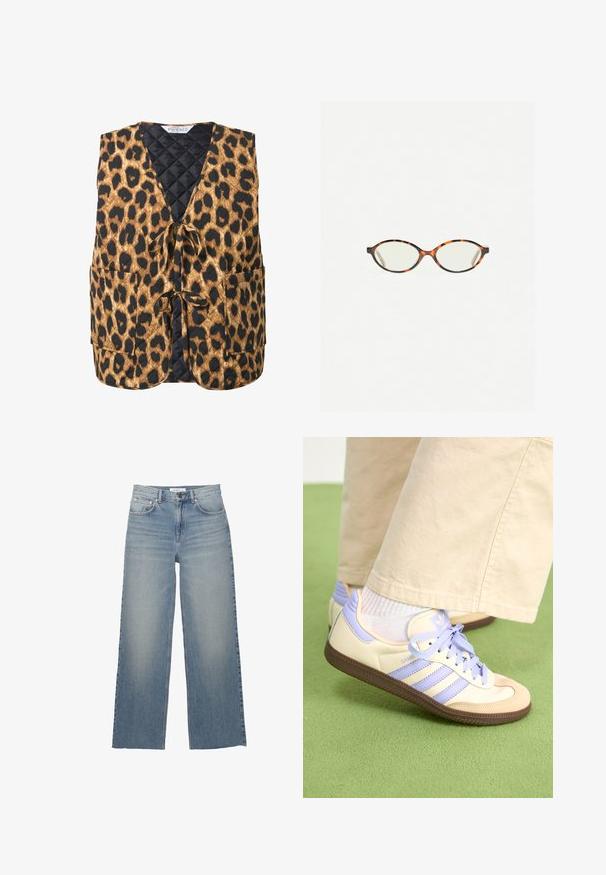 Gepatchte Wildlederweste mit Leopardenmuster in Braun und Schwarz, mit V-Ausschnitt, Bindegürtel und zwei Seitentaschen. Strukturierter Stoff mit geometrischem Muster.; Weißes T-Shirt aus weichem, leichtem Stoff. Mit runder Halslinie und kurzen, weit geschnittenen Ärmeln für einen lässigen Sitz. Keine sichtbaren Muster.; Helle blaue weit geschnittene Jeans aus Denim mit hoher Taille, vorderen Taschen und einem Knopfverschluss. Glatte Textur mit ausgewaschenen Stellen.; Cremefarbene und lavendelfarbene Sneakers mit drei Streifen und einer strukturierten braunen Sohle, ausgestattet mit Schnürsenkeln und einer gepolsterten Ferse. Obermaterial aus weichem Stoff.; Schildpatt-Eyegläser mit ovalen Gläsern und einer eleganten, glatten Oberfläche. Mit dünnen Seiten und einer subtilen Kurve an den Schläfen. Klare Gläser.