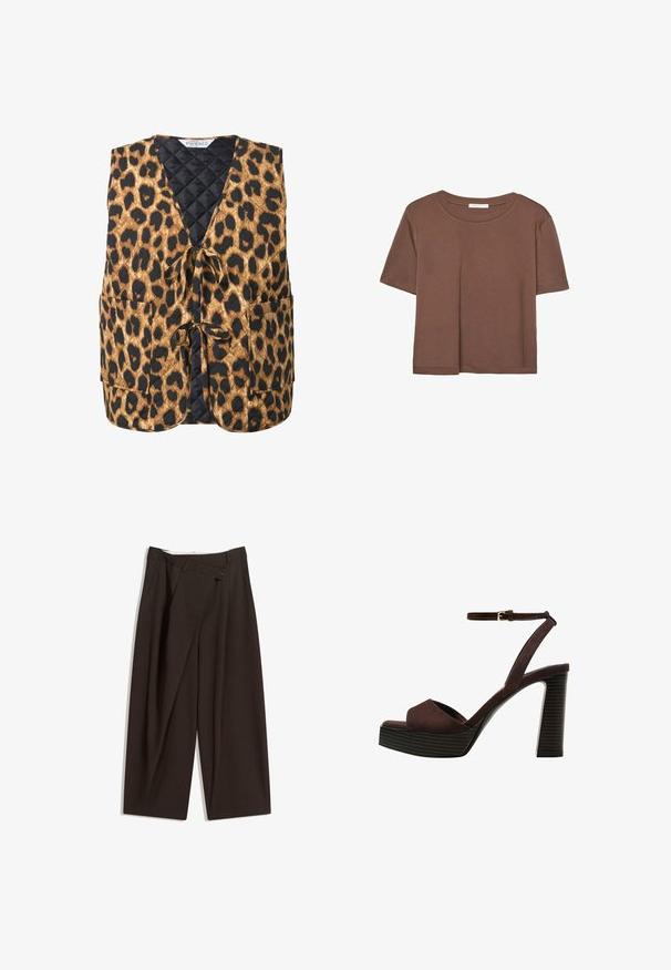 Vuorattu leopardikuvioinen liivi ruskeassa ja mustassa, jossa on V-pääntie, sidontanauha ja kaksi sivutaskua. Huokoinen kangas geometrisella kuviolla.; Kahvinsävyinen lyhythihainen t-paita, joka on valmistettu pehmeästä kankaasta. Pyöreä pääntie ja rento malli. Ei näkyviä kuvioita tai koristeita.; Tummanruskeat leveälahkeiset housut, joissa on korkea vyötärö, yhden napin sulkea ja pleatattu etuosa. Valmistettu kevyestä kankaasta.; Ruske kožne sandale s visokom potpeticom, otvorenim prstima, podesivim kopčanjem oko gležnja i prugastim platformskim đonom.