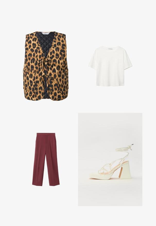 Vuorattu leopardikuvioinen liivi ruskeassa ja mustassa, jossa on V-pääntie, sidontanauha ja kaksi sivutaskua. Huokoinen kangas geometrisella kuviolla.; Valkoinen lyhythihainen T-paita, joka on tehty puuvillasta. Siinä on pyöreä kaula-aukko ja rento malli. Silkkinen pinta ilman näkyviä kuvioita tai koristeita.; Bordeaux leveled trousers with a smooth texture, featuring side pockets and a high waist design. Tailored with a clean front crease.; Valkoinen korkokenkä, jossa on paksu korko, ja joka sisältää nauhakiinnityksen ja nilkkaketjun. Sujuva pinta, jossa on platform-etupohja lisäkorkeutta varten.