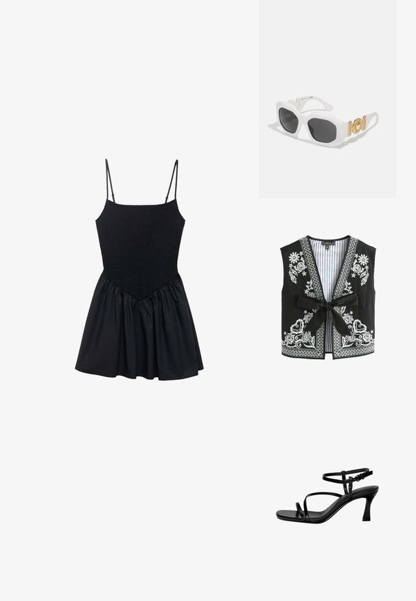 Black vest with white floral embroidery and striped lining, featuring a V-neck, no sleeves, and a front tie closure.; Black dress featuring a smocked bodice and adjustable spaghetti straps. The skirt is gathered, creating a flared shape. Smooth texture throughout.; Black leather heeled sandals featuring thin straps, a square toe, and a stiletto heel. Adjustable ankle strap for fit. Smooth texture.; White octagonal sunglasses with dark lenses. Features gold hardware accents and a textured design on the arms.; Black synthetic shoulder bag with a curved silhouette, textured finish, gold triangle logo, and detachable hardware accents.