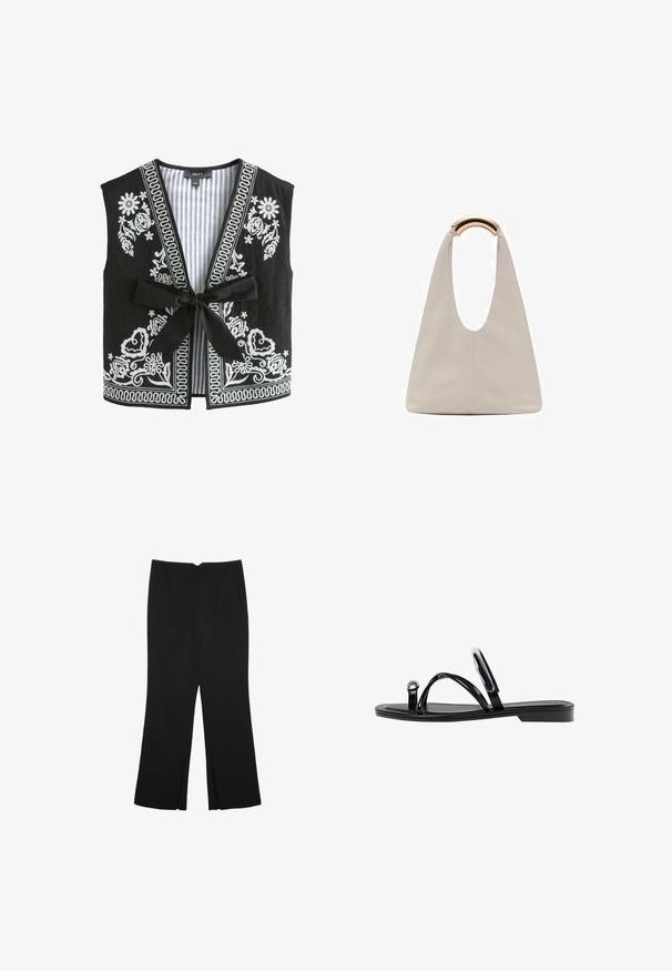 Čierna vesta s bielou kvetinovou výšivkou a pruhovanou podšívkou, s výstrihom do V, bez rukávov a s predným viazaním.; Čierny bezrukávový top vyrobený z hladkej tkaniny, s okrúhlym výstrihom a priliehavým strihom bez viditeľných vzorov alebo ozdôb.; Čierne nohavice so strihom rovného strihu, s prednými vreckami a bočnými rozparkami na leme. Vyrobené z mäkkej, hladkej tkaniny. Vhodné na rôzne príležitosti.; Čierne ploché sandále s lesklým povrchom, tromi tenkými popruhmi a okrúhlou kovovou ozdobou na prste. Elegantný dizajn s minimálnym podpätkom.; Svetlosivá kožená taška s U-tvarom a zakrivenou kovovou rukoväťou. Hladký povrch s minimálnym prešívaním a bez viditeľných vzorov.