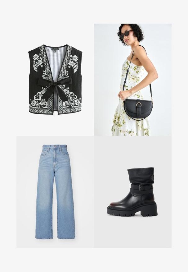 Must vest, mille lillemestikuga ja triibulise voodriga, V-kaelusega, ilma varrukateta ja ees seotava kinnitusega.; Tumehall pehmea t-särk, mis on valmistatud puuvillast, esiküljel on keeruliste joontega trükitud keskmine päikesegraafika.; Heledad sinine kõrge vöökohaga laiad teksad, ees nupp ja tõmblukk, ees ja taga taskud, valge tausta peal.; Mustmustest mustat, millel on venivad ülendid, klamberdetail ja paks, robustne talla. Omab ümarat künarnukki ja sileda tekstuuri.; Mustmust mustraha kõverate joontega, eemaldatava rihmaga ja kuldsete detailidega. Kotil on klapp, millel on pandladetail.