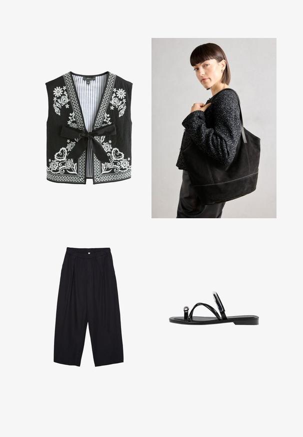 Sort vest med hvid blomsterbroderi og stribet for, med V-hals, uden ærmer og en frontbinding.; Sort ærmeløs crop top lavet af glat stof, med rund hals og et rent, enkelt design uden mønstre eller hardware.; Sorte polyester culotte bukser med elastisk talje, to forpiber og en løs silhuet. Ingen synlige mønstre eller hardware detaljer.; Sorte flade sandaler med en blank finish, tre tynde stropper og en cirkulær hardwaredetalje ved tæerne. Slankt design med en minimal hæl.; Sort ruskinds tote taske med en glat tekstur, struktureret form og kontrasterende syninger. Har lange stropper til skulderbæring.