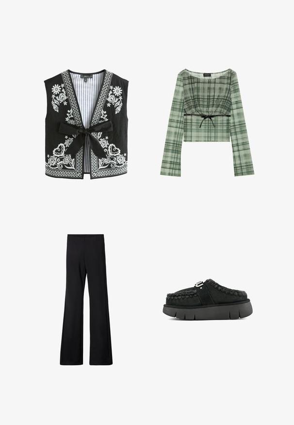 Zwarte vest met witte bloemembroidery en gestreepte voering, met een V-hals, zonder mouwen en een sluiting met een strik aan de voorkant.; Groen geruit crop top met lange mouwen, met een geplooide halslijn en een zwarte strikaccent in de taille. Gemaakt van lichtgewicht stof.; Zwarte flared broek met een elastische tailleband, gemaakt van een zachte, rekbare stof, met een gladde textuur en zonder zichtbare patronen of hardware.; Zwarte suede instapschoen met bontafwerking, gevlochten stiksels en een chunky zwarte zool. Voorzien van een gebrandmerkte band over de bovenkant.