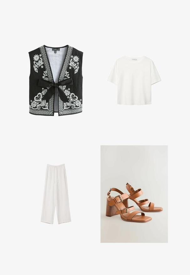 Crni prsluk s bijelim cvjetnim vezom i prugastim podstavom, sa V-izrezom, bez rukava i prednjim zatvaranjem na vezanje.; Bijela majica kratkih rukava od pamuka. Ima okrugli izrez i opušteni kroj. Glatka tekstura bez vidljivih uzoraka ili naglasaka.; Bijele hlače širokih nogavica napravljene od lagane tkanine. Imaju elastičan pojas s ušicom i bočne džepove. Glatka tekstura.; Smeđe kožne sandale na visoku petu s više remena, zlatnim akcentima i kutnim blok-petama. Glatka tekstura, dizajn s otvorenim prstima.