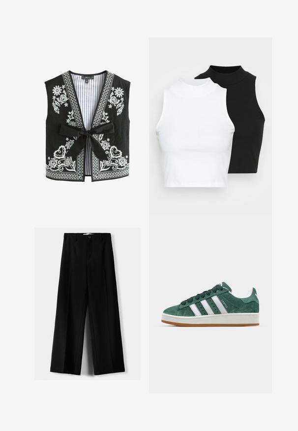 Zwarte vest met witte bloemembroidery en gestreepte voering, met een V-hals, zonder mouwen en een sluiting met een strik aan de voorkant.; Twee mouwloze ribgebreide coltruien in zwart en wit, met een slim fit ontwerp en een gladde textuur, met een cropped lengte.; Zwarte wijde broek van lichtgewicht stof, met een knoopsluiting aan de voorkant en een vlakke achterkant, afgewerkt met keurig gestikte zoom.; Groene suède sneaker met witte leren strepen, rubberen zool, gepolsterde kraag en een minimalistisch ontwerp. Bevat merkbranding aan de zijkant.
