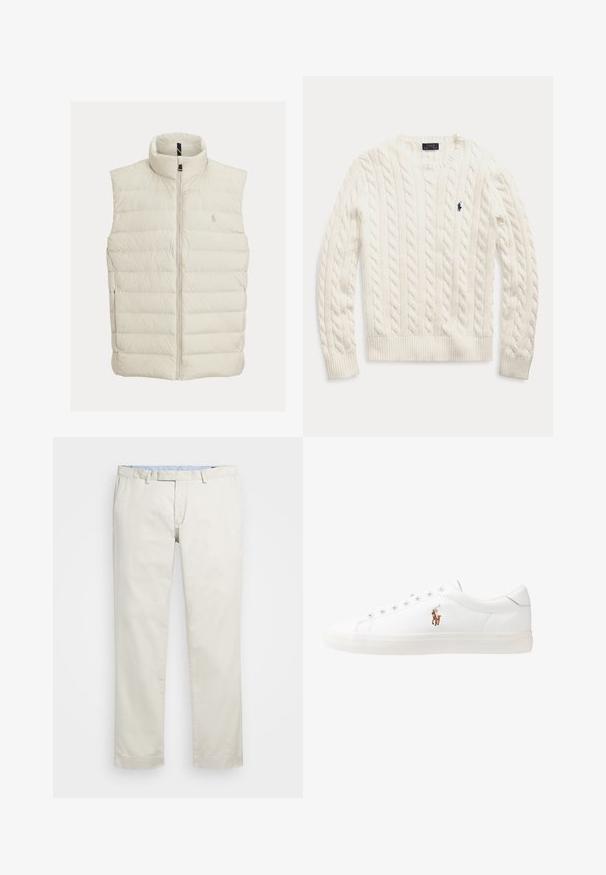 Puffervest i off-white, med høy krage, frontglidelås og sydd horisontal quilting. Brodert logo på brystet.; Hvit kabelstrikket langermet genser med ribbestrikkede mansjetter og hem, med et lite marineblått brodert Polo Ralph Lauren-logo på brystet.; Beige bomullskjoler med flat front, beltehemper og sidelommer. Rett ben-design med en glatt tekstur og en lett, pustende følelse.; Hvite lærsko, lavt design, med en glatt tekstur, rund tå, snøring foran, og en liten brodert logo på siden.