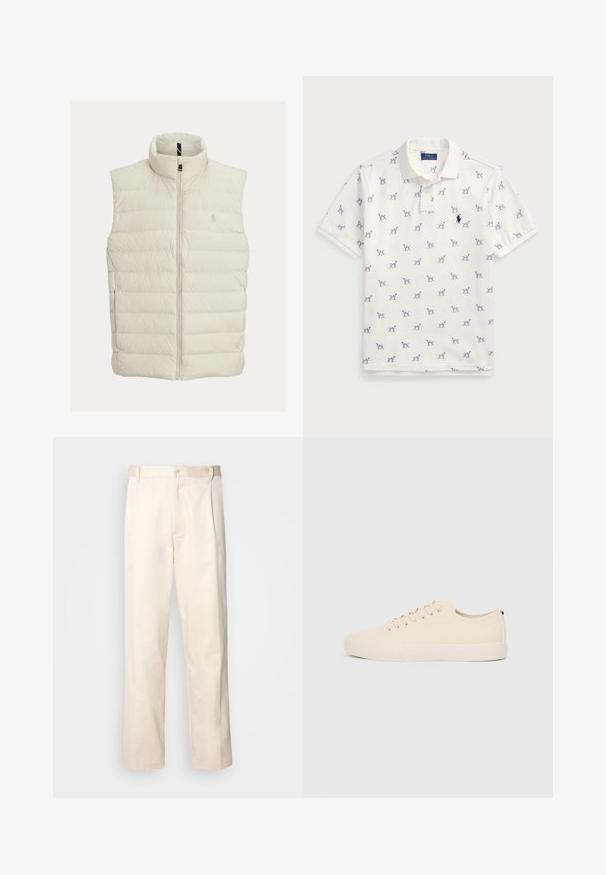 Smanicato imbottito color avorio, con collo alto, cerniera frontale e trapuntatura orizzontale cucita. Logo ricamato sul petto.; Polo bianco in cotone, con motivo a cani blu ripetuto e un piccolo logo blu sul petto. Maniche corte e colletto.; Pantaloni in cotone beige con taglio dritto, dotati di chiusura a bottone e pence sul davanti per un tocco di dettaglio in più.; Sneaker in tela beige con punta rotonda, suola in gomma piatta e lacci sulla parte anteriore. Presenta un design minimalista e un accento nero a contrasto sul tallone.